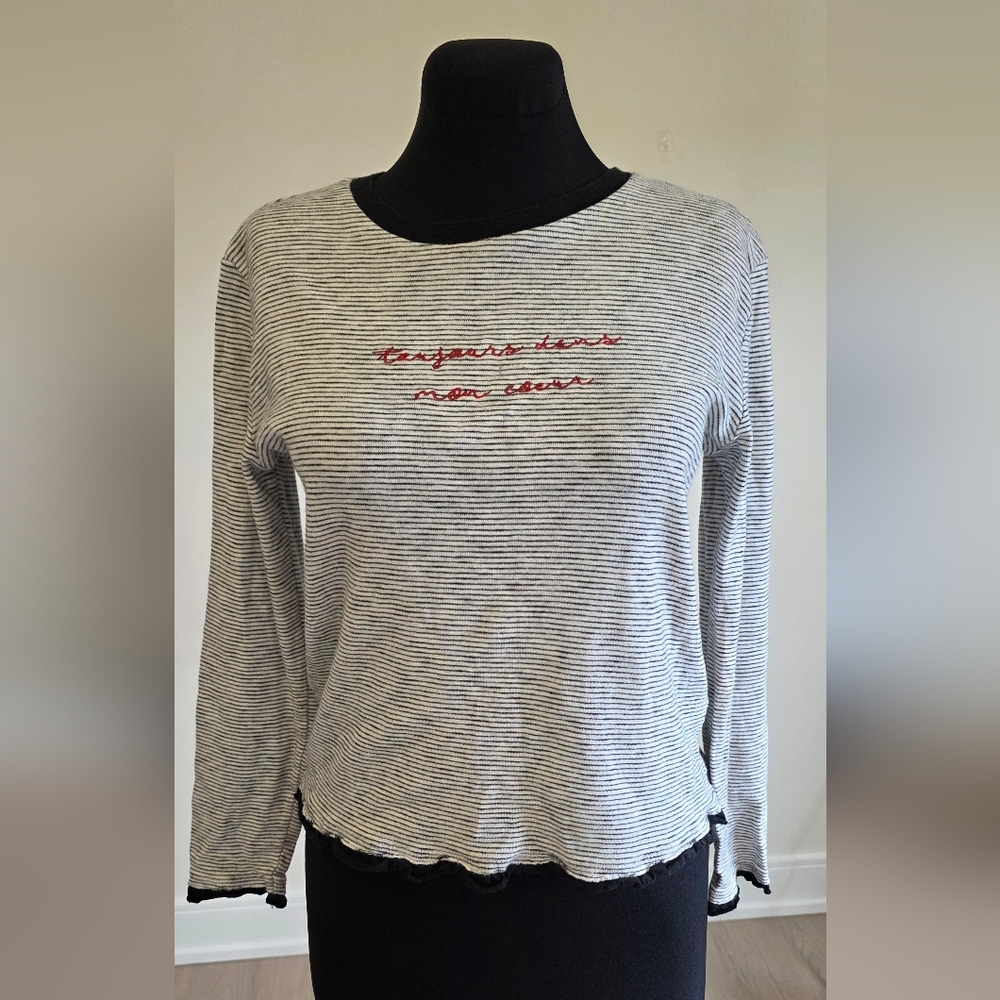 Topshop Gray Striped Fitted Longsleeve Tee With Ruffle Edges US 4